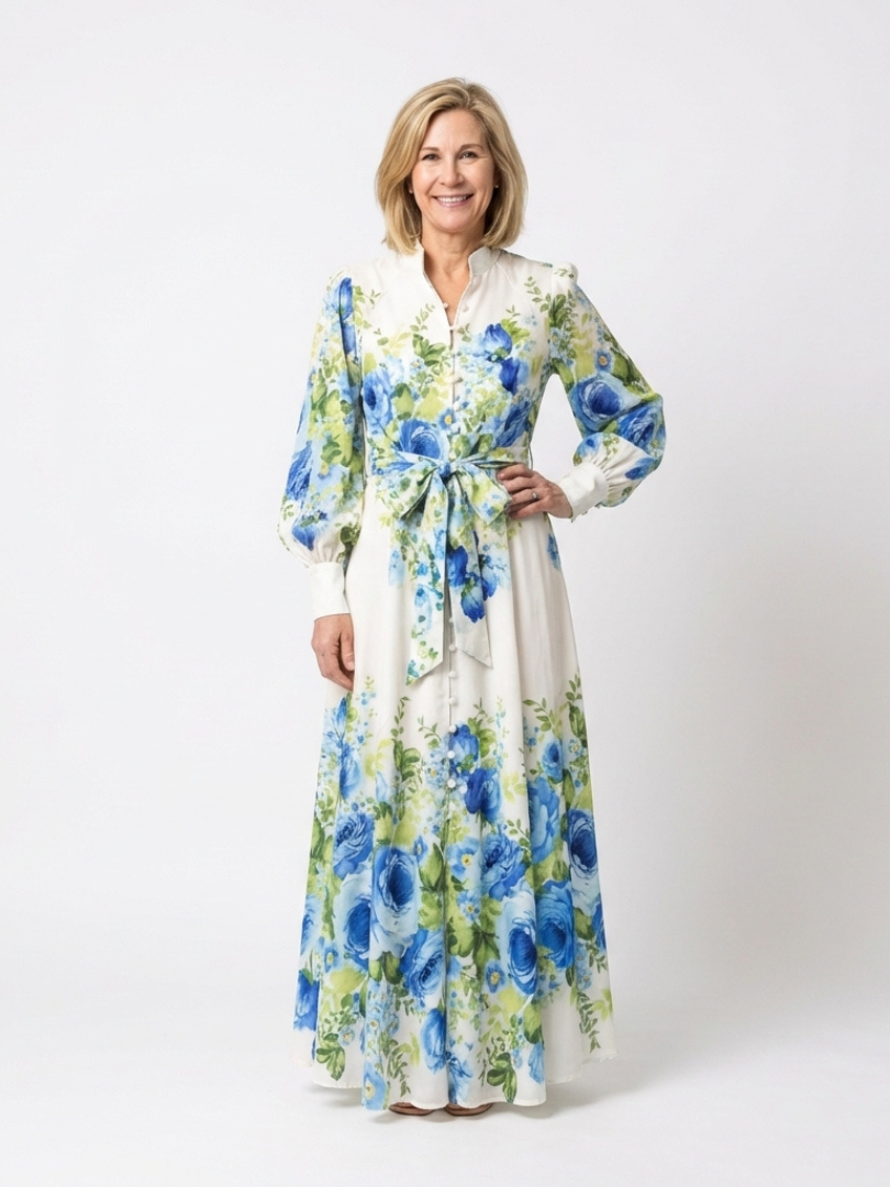 Harrietta | Abito Maxi Floreale con Bottoni e Maniche Lunghe