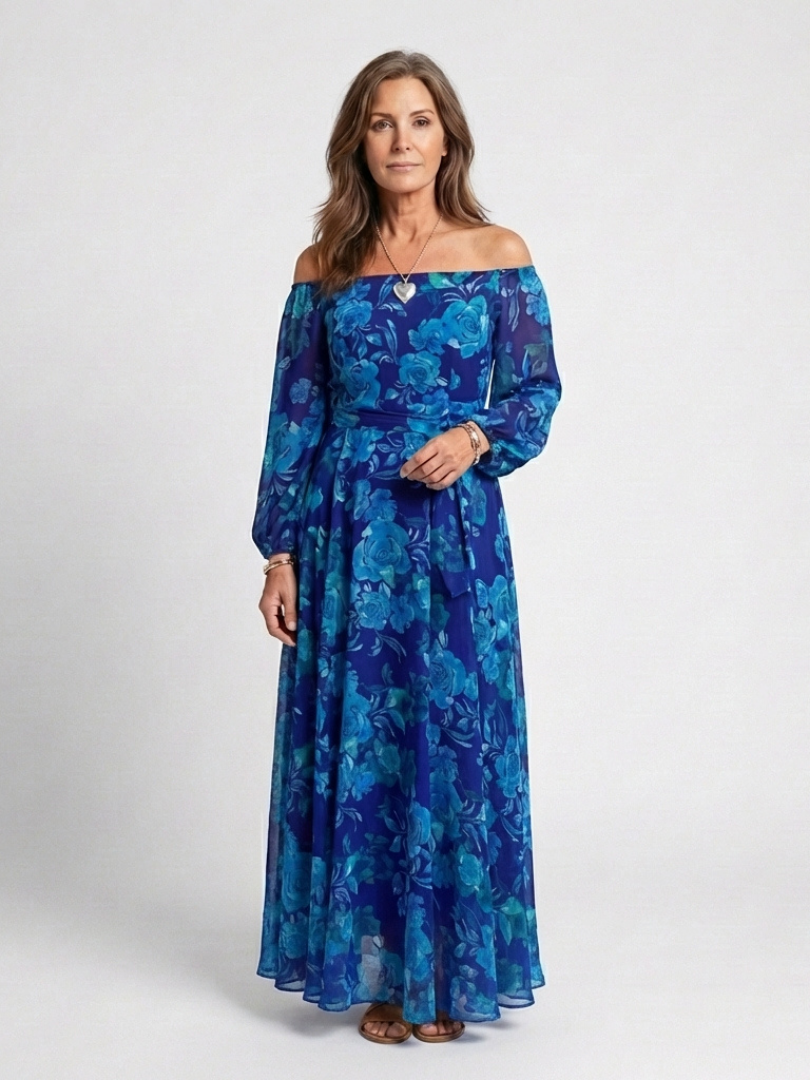 Azzurra | Abito Maxi Floreale con Spalle Scoperte
