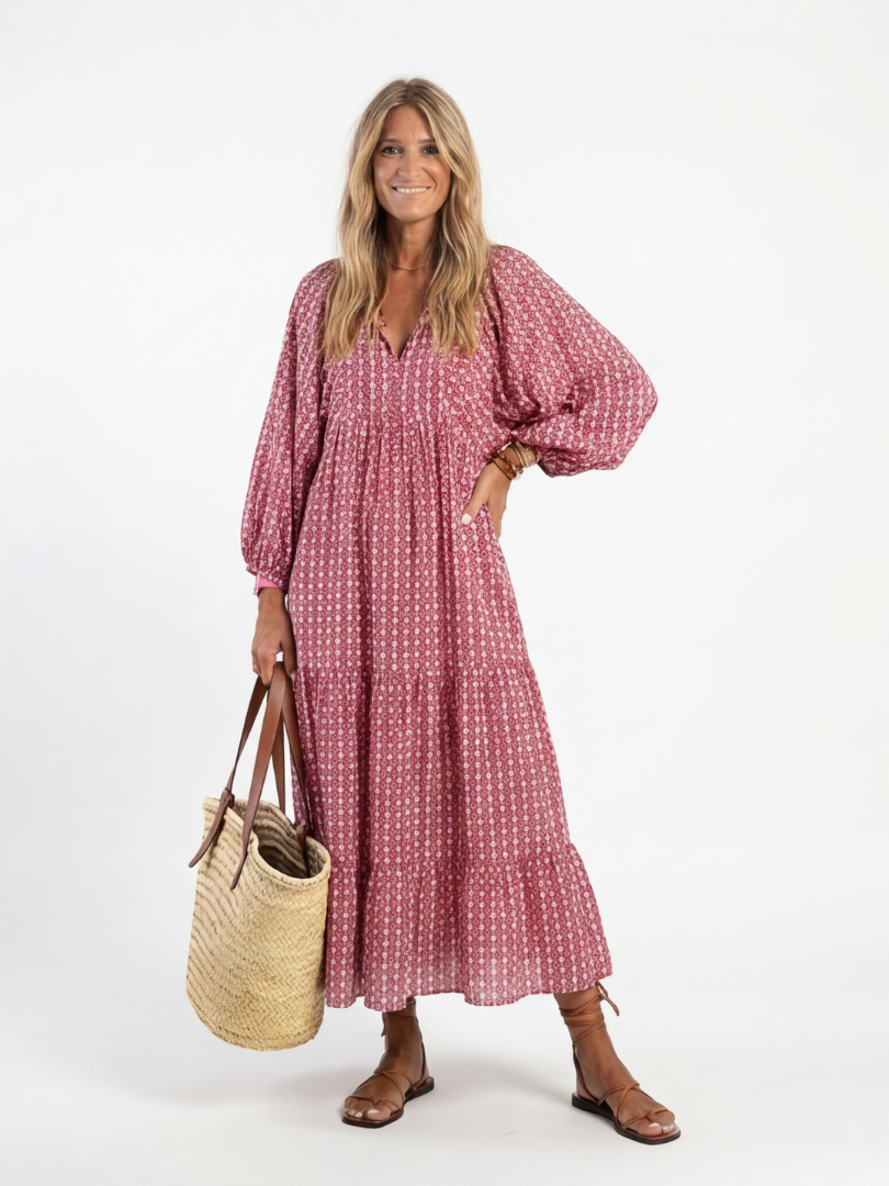 Arianna | Abito Midi con Stampa Geometrica e Maniche Lunghe
