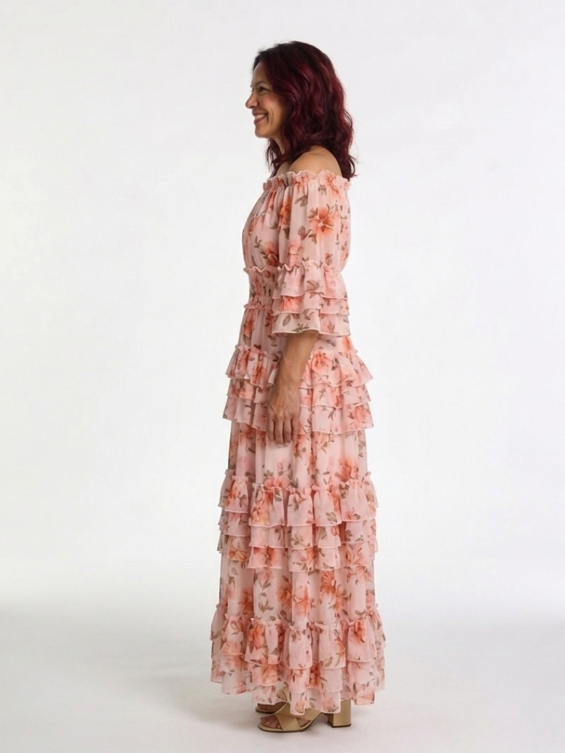 Rosalia | Abito Maxi Floreale con Spalle Scoperte e Volant a Strati
