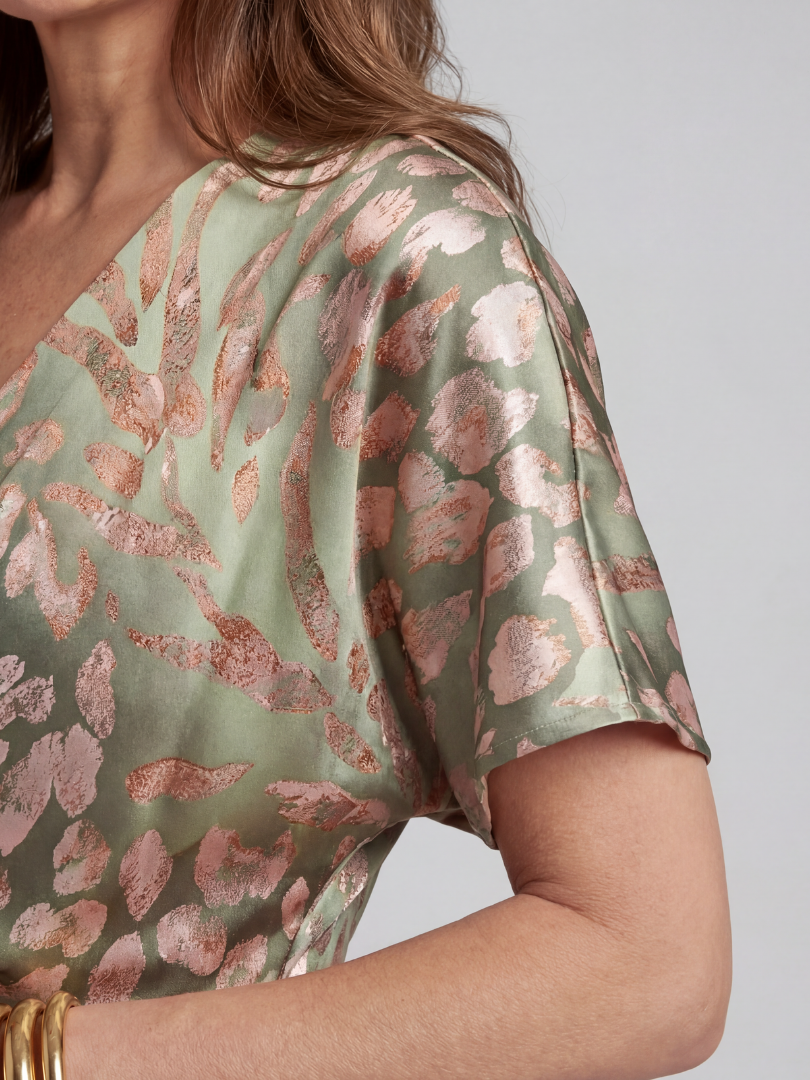 Coralia | Abito Midi con Stampa Astratta, Scollo a V e Twist in Vita