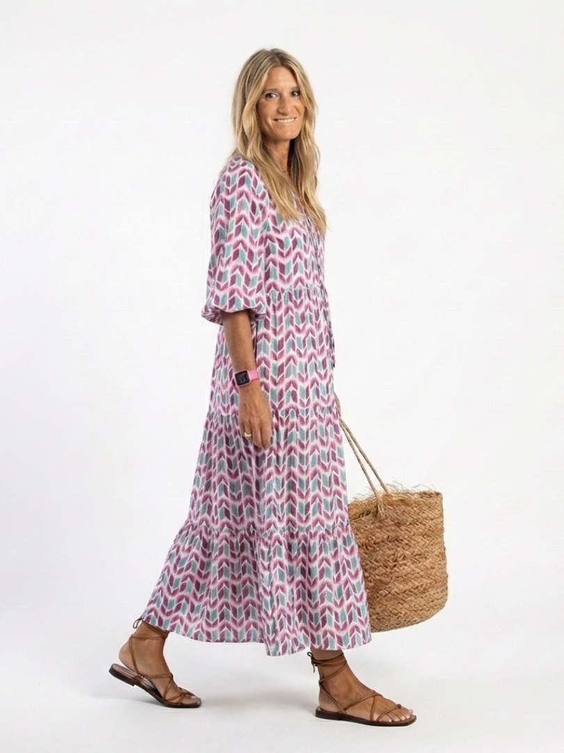 Mirella | Abito Midi Geometrico con Maniche Lunghe a Strati