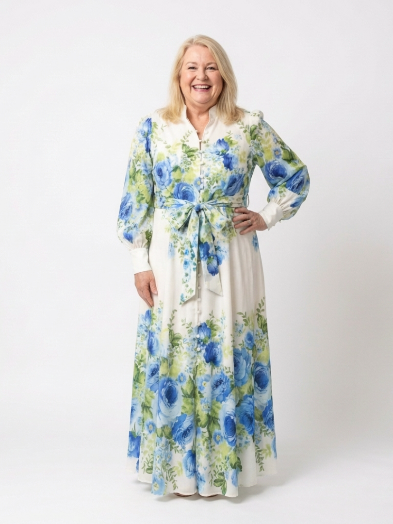 Harrietta | Abito Maxi Floreale con Bottoni e Maniche Lunghe