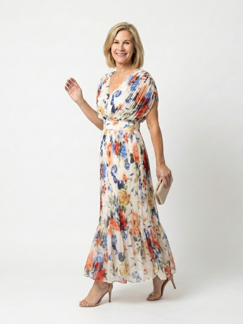 Saveria | Abito Midi Floreale Plissettato con Scollo a V