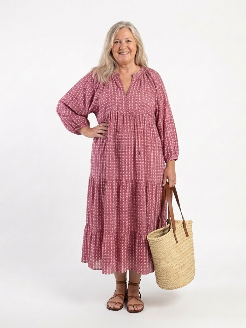 Arianna | Abito Midi con Stampa Geometrica e Maniche Lunghe