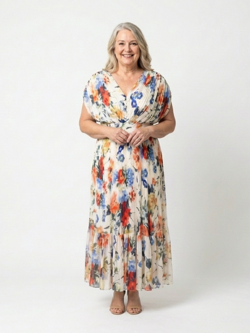 Saveria | Abito Midi Floreale Plissettato con Scollo a V