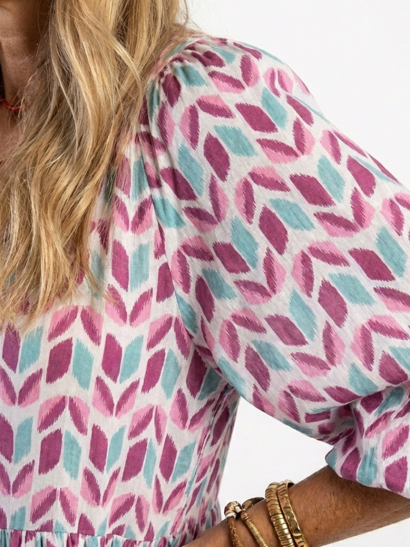 Mirella | Abito Midi Geometrico con Maniche Lunghe a Strati