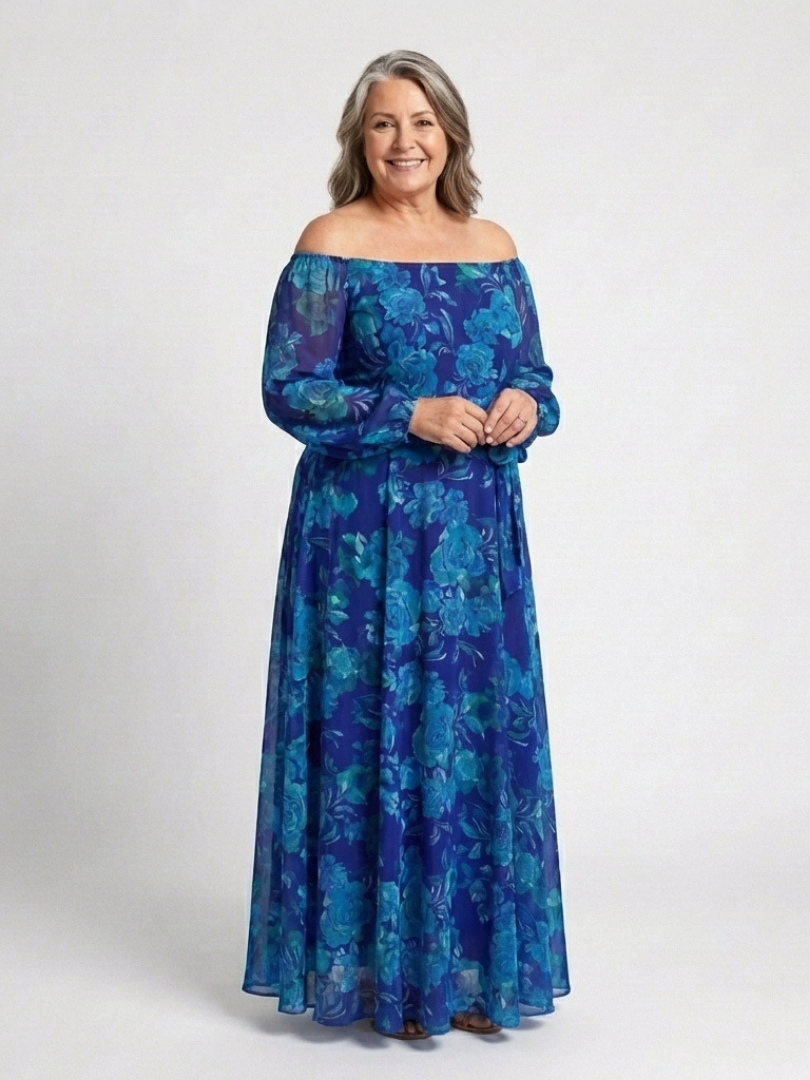 Azzurra | Abito Maxi Floreale con Spalle Scoperte