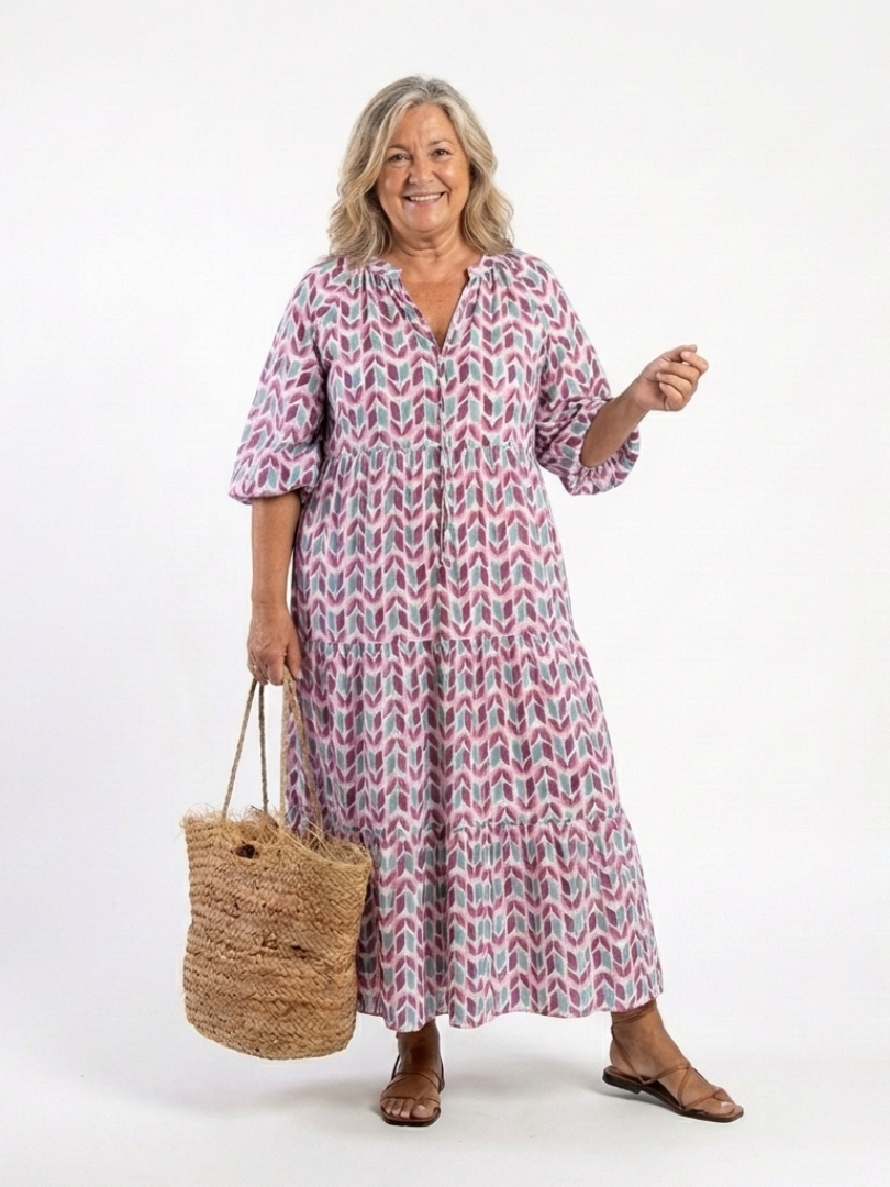 Mirella | Abito Midi Geometrico con Maniche Lunghe a Strati