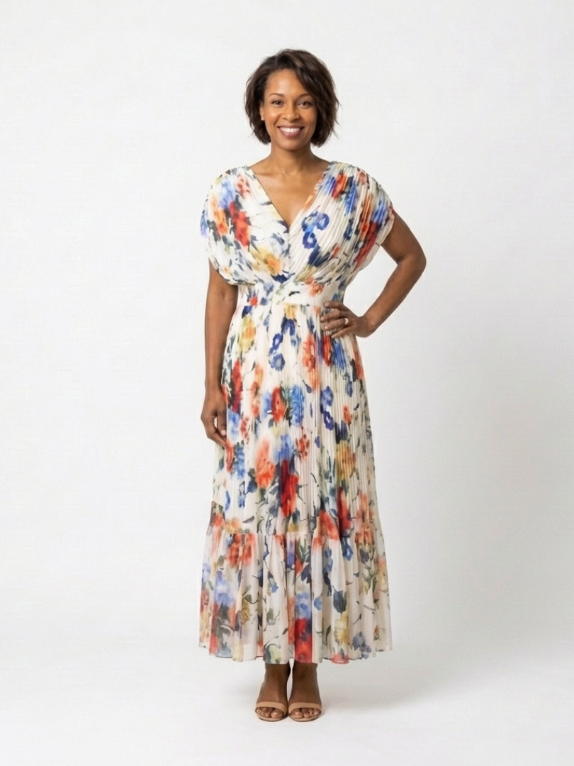 Saveria | Abito Midi Floreale Plissettato con Scollo a V