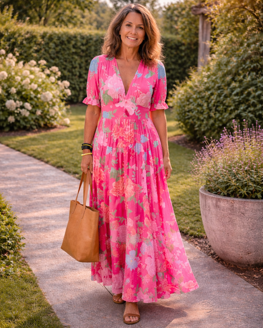 Ilaria | Abito Midi Floreale con Scollo a V e Maniche Corte