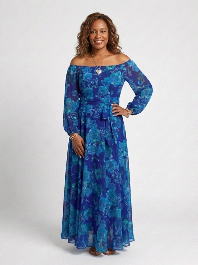Azzurra | Abito Maxi Floreale con Spalle Scoperte