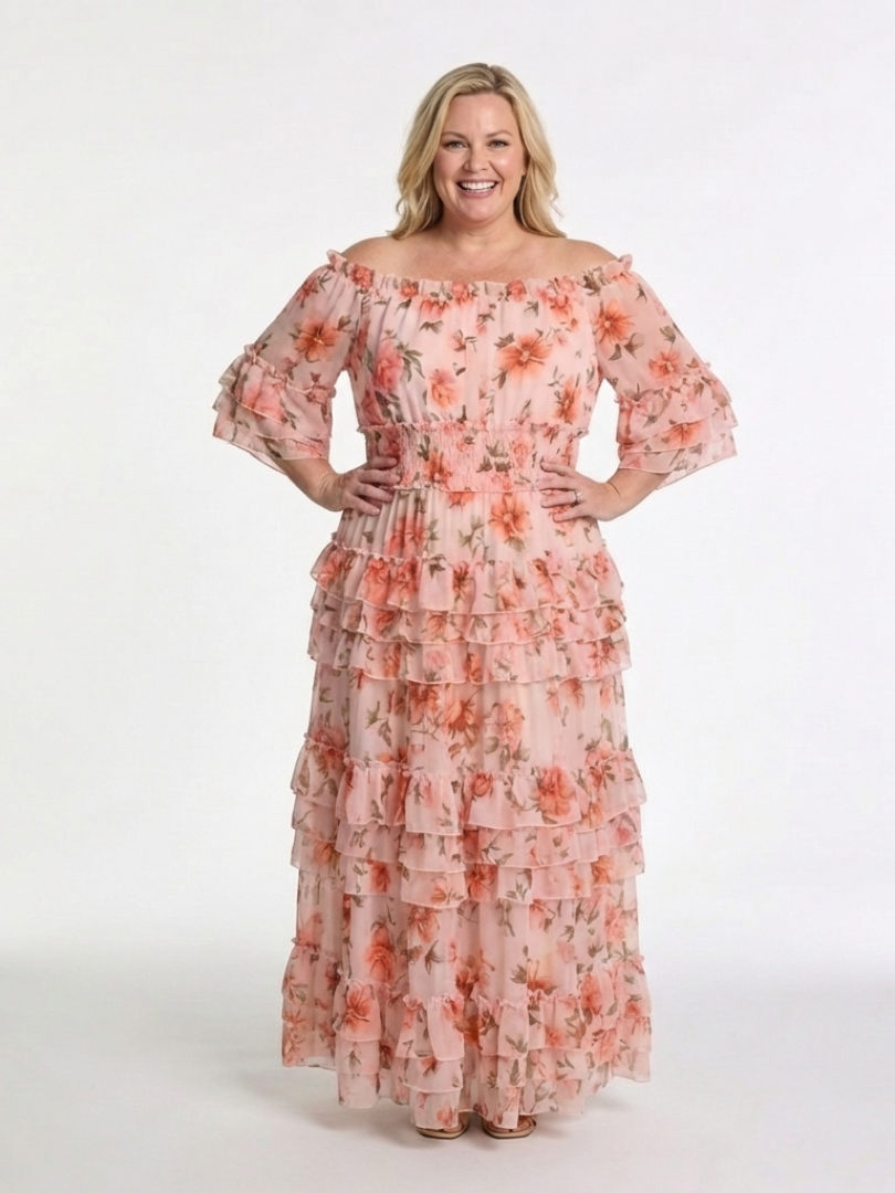 Rosalia | Abito Maxi Floreale con Spalle Scoperte e Volant a Strati
