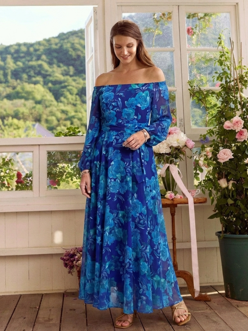 Azzurra | Abito Maxi Floreale con Spalle Scoperte