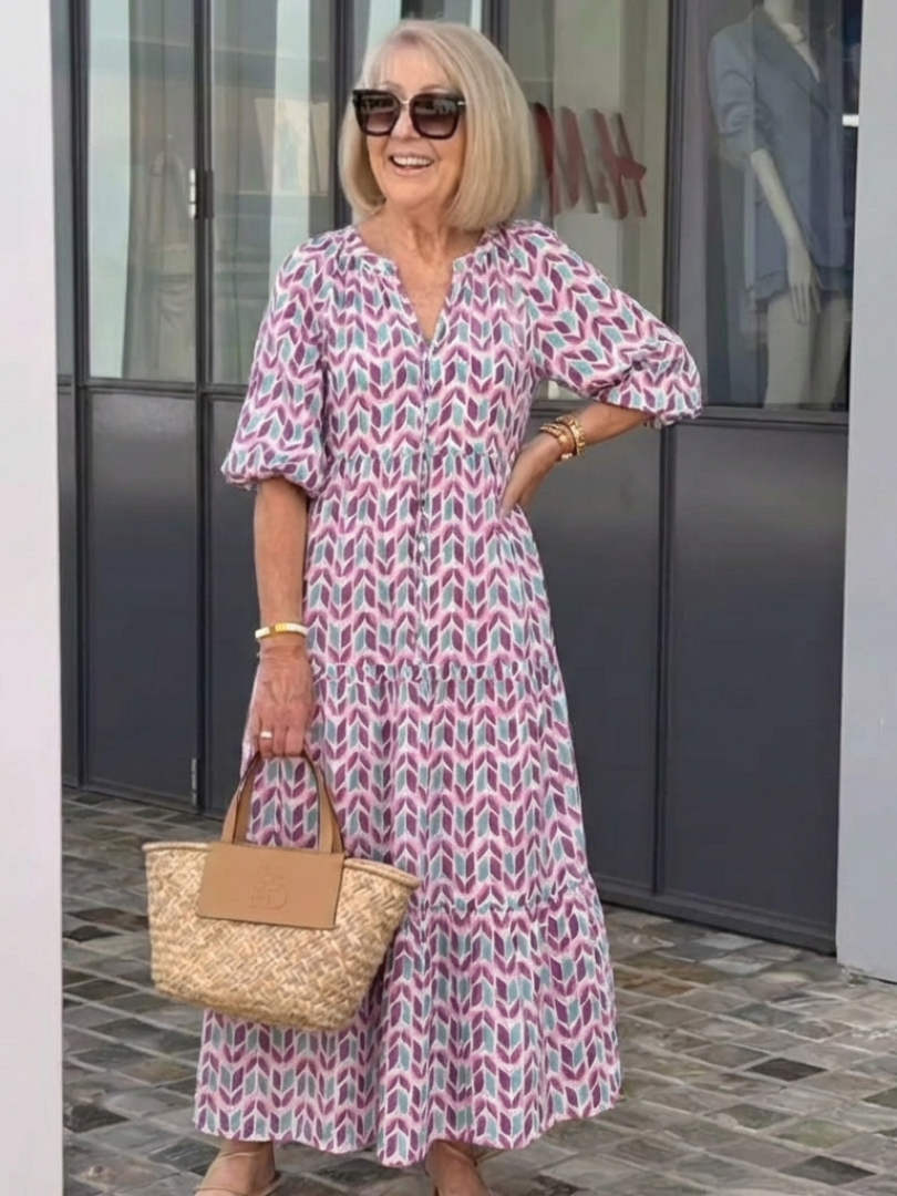 Mirella | Abito Midi Geometrico con Maniche Lunghe a Strati