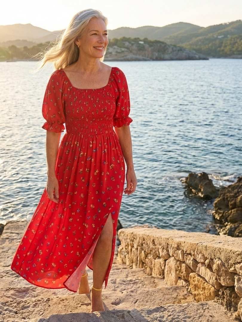 Delfina | Abito Midi Floreale con Scollo Quadrato e Maniche a Palloncino