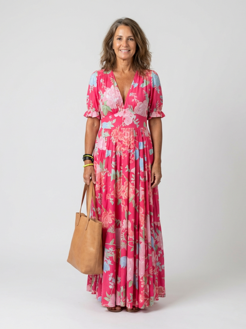 Ilaria | Abito Midi Floreale con Scollo a V e Maniche Corte