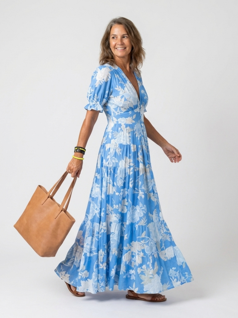 Ilaria | Abito Midi Floreale con Scollo a V e Maniche Corte
