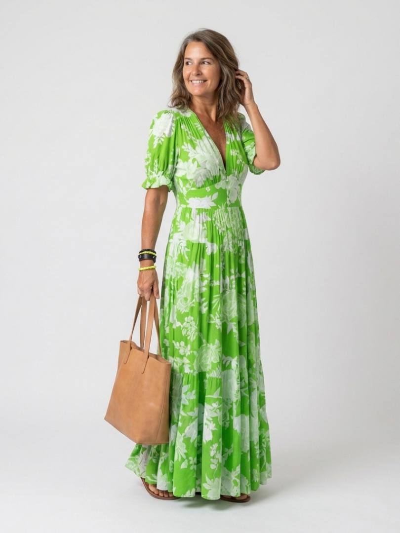 Ilaria | Abito Midi Floreale con Scollo a V e Maniche Corte