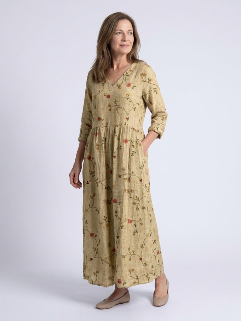 Marina | Abito Maxi Floreale con Scollo a V e Maniche a Tre Quarti