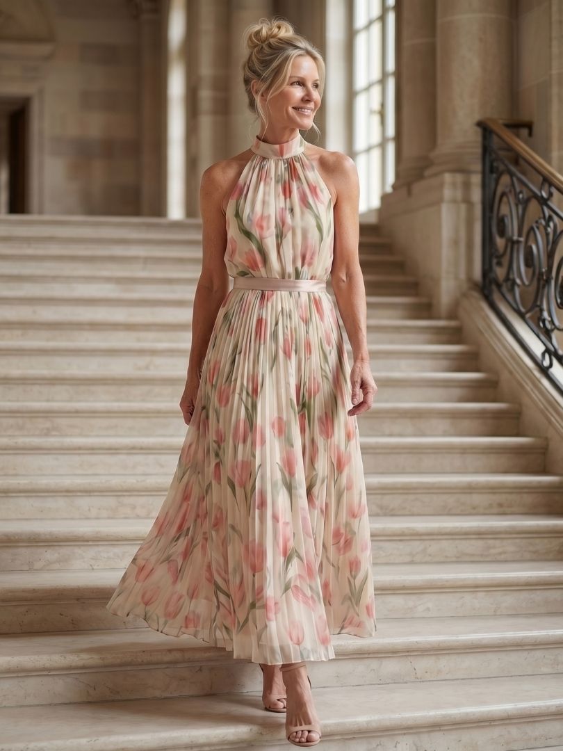 Aurora | Abito Midi Floreale con Scollo Halter