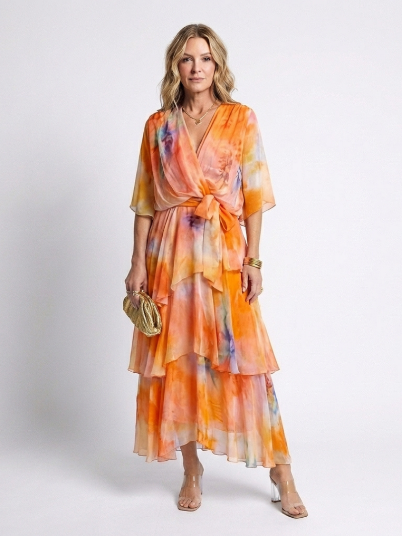 Calissandra | Abito Maxi a Strati con Scollo a V e Cintura