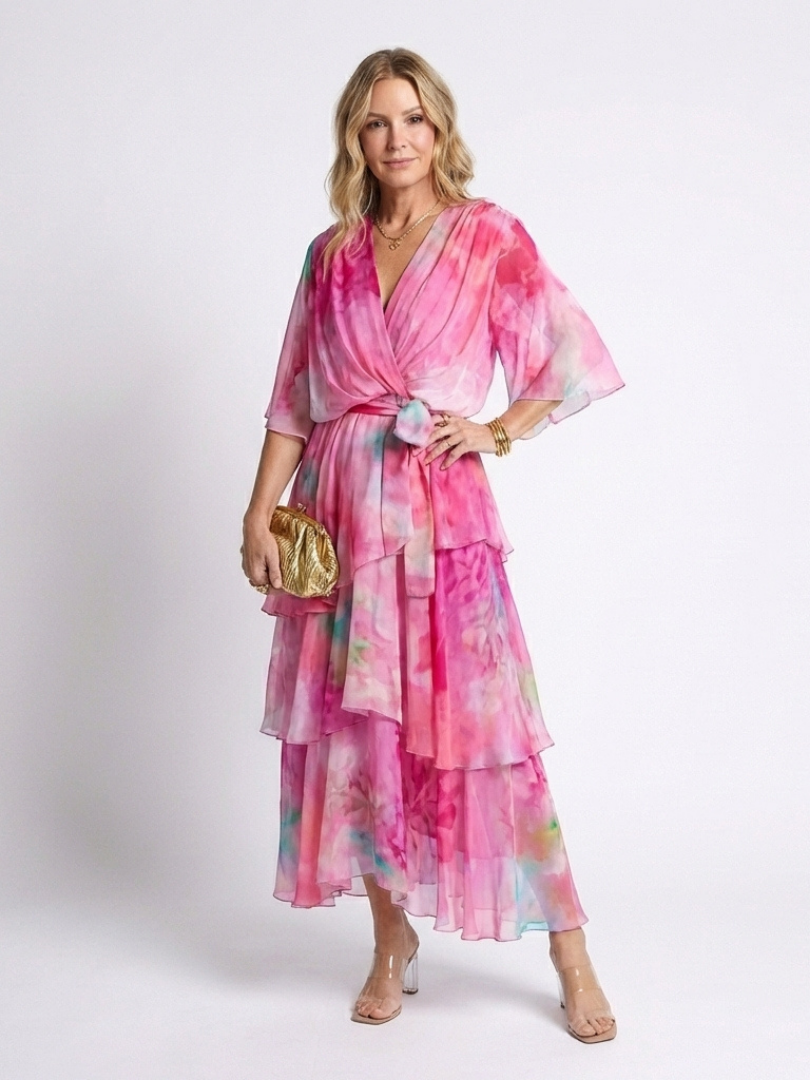 Calissandra | Abito Maxi a Strati con Scollo a V e Cintura