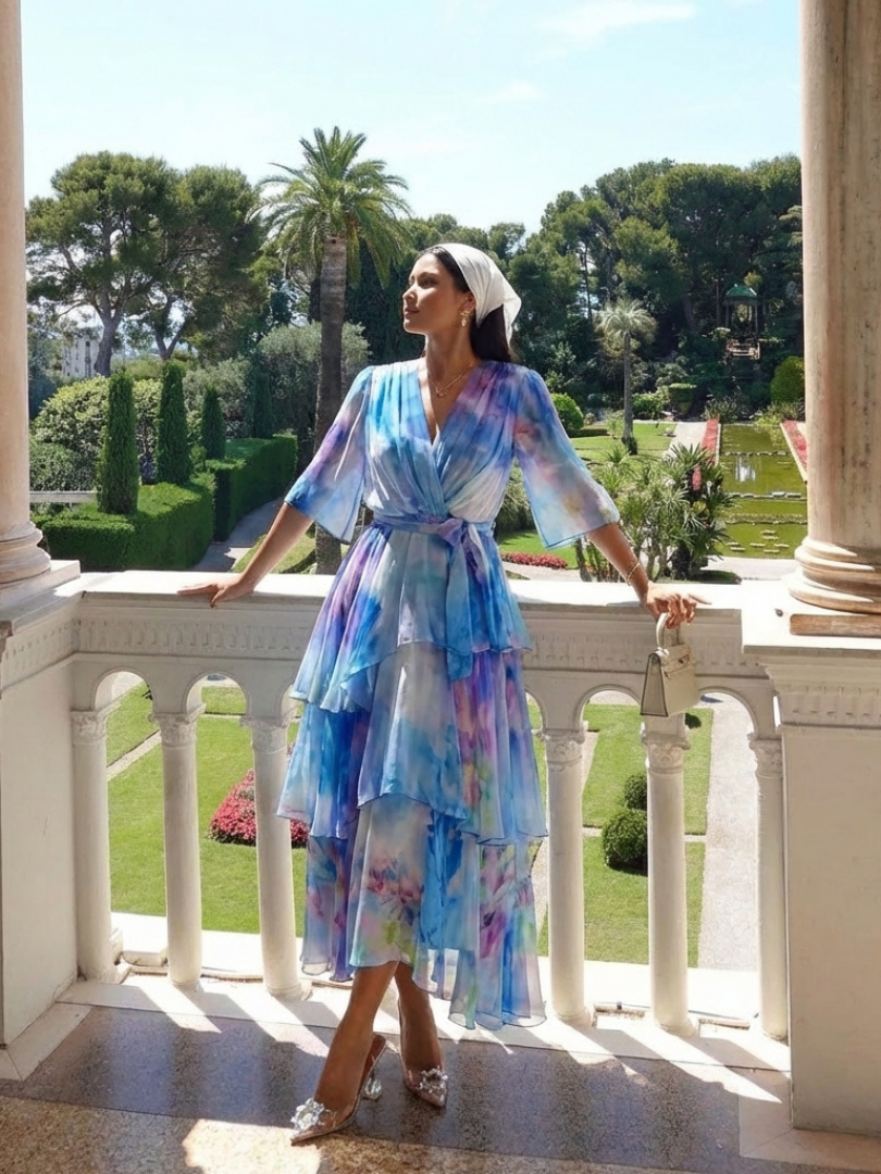 Calissandra | Abito Maxi a Strati con Scollo a V e Cintura