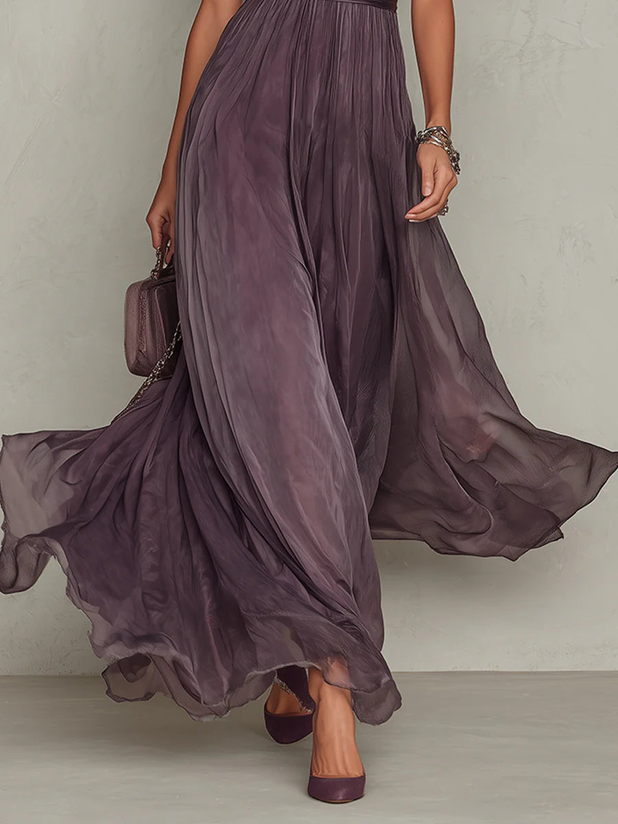 Angela | Vestito lungo viola con scollo a chiave, bordo in pizzo di chiffon