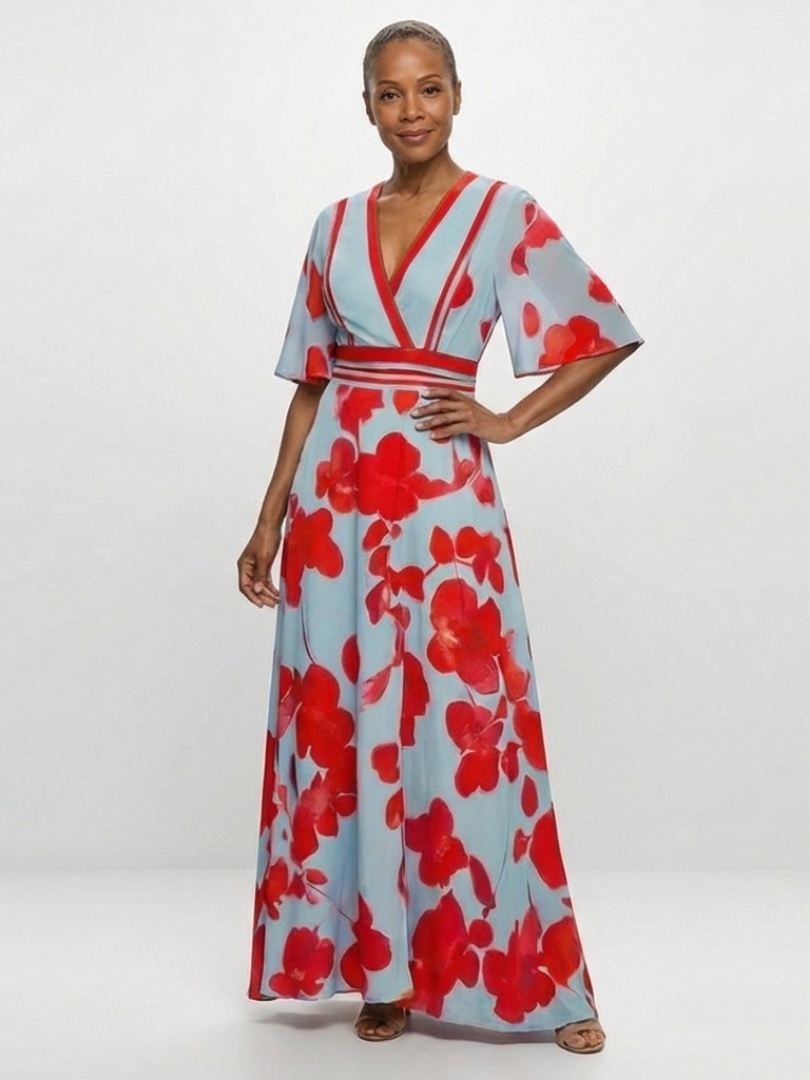 Chiara | Abito Maxi Floreale con Scollo a V e Maniche Corte