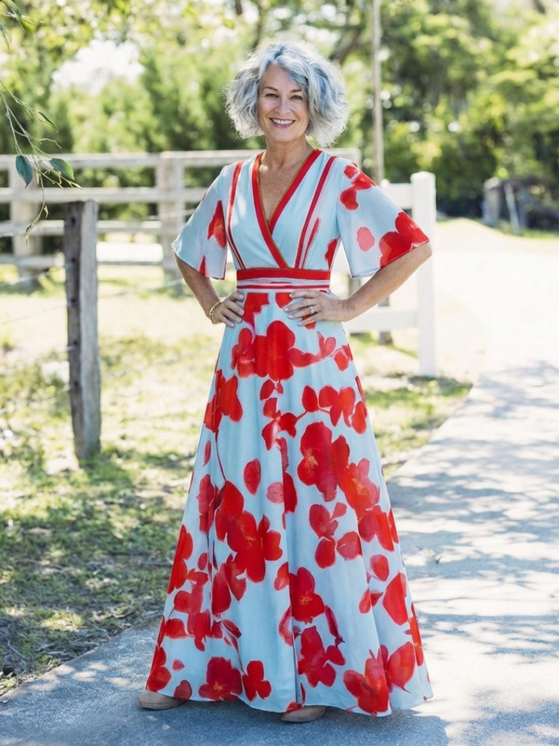 Chiara | Abito Maxi Floreale con Scollo a V e Maniche Corte