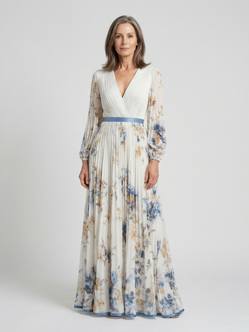 Lavinia | Abito Maxi Floreale con Maniche Lunghe in Chiffon e Scollo a V