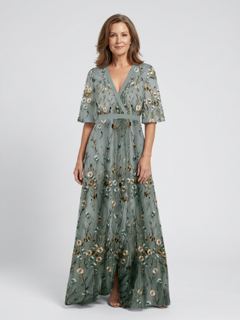 Evandra | Abito Maxi Floreale con Scollo a V e Maniche in Chiffon