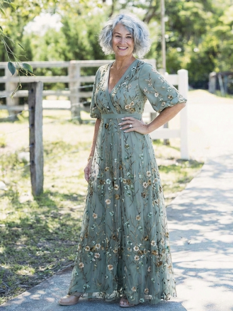 Evandra | Abito Maxi Floreale con Scollo a V e Maniche in Chiffon