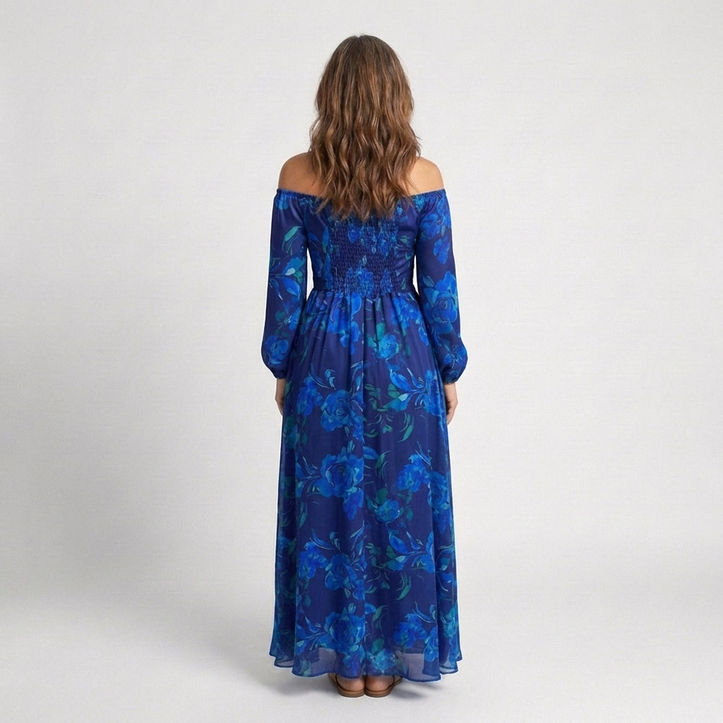 Azzurra | Abito Maxi Floreale con Spalle Scoperte
