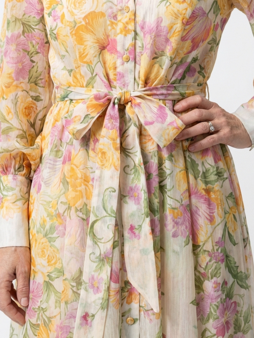 Cristina | Abito Maxi Floreale con Maniche Lunghe in Chiffon Trasparente