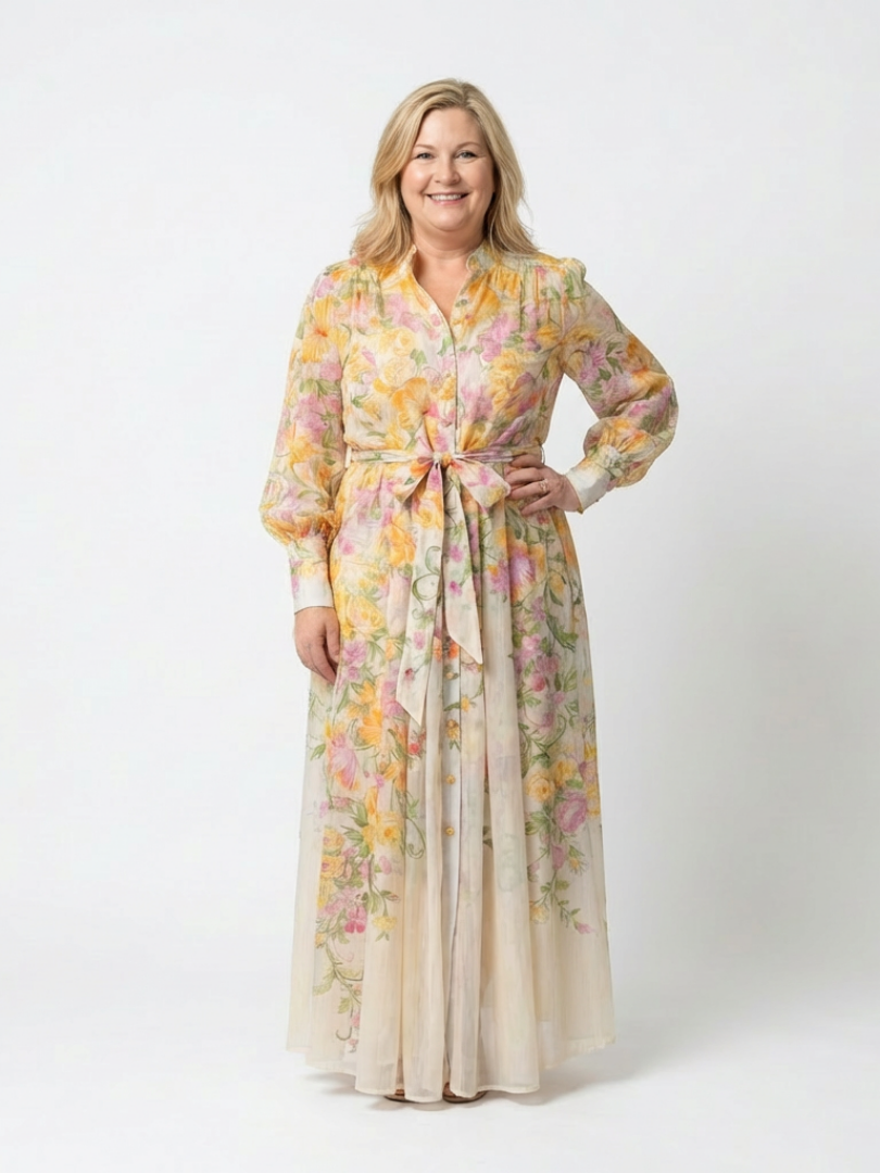 Cristina | Abito Maxi Floreale con Maniche Lunghe in Chiffon Trasparente