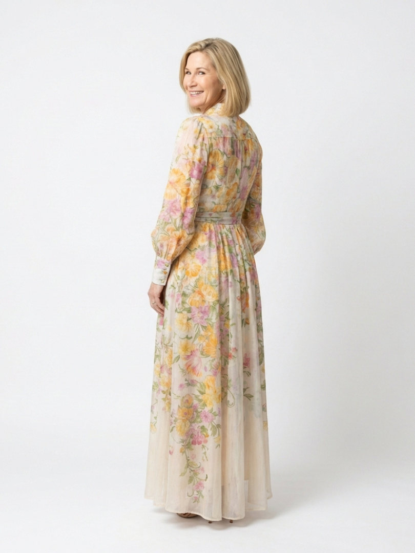 Cristina | Abito Maxi Floreale con Maniche Lunghe in Chiffon Trasparente