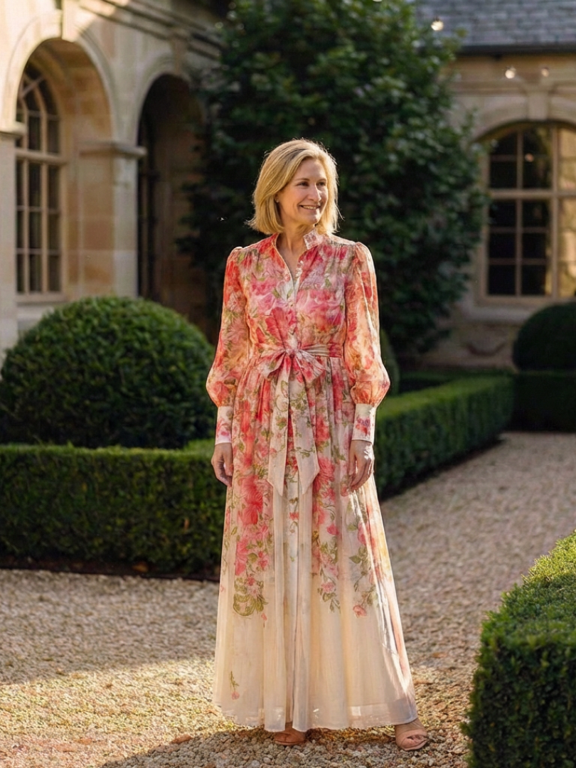 Cristina | Abito Maxi Floreale con Maniche Lunghe in Chiffon Trasparente