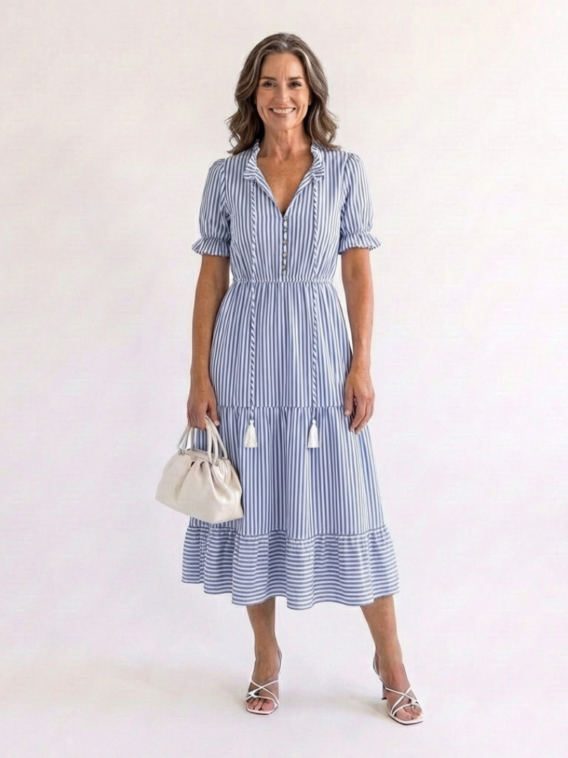 Dalila | Abito Midi a Righe con Gonna a Strati e Maniche Corte