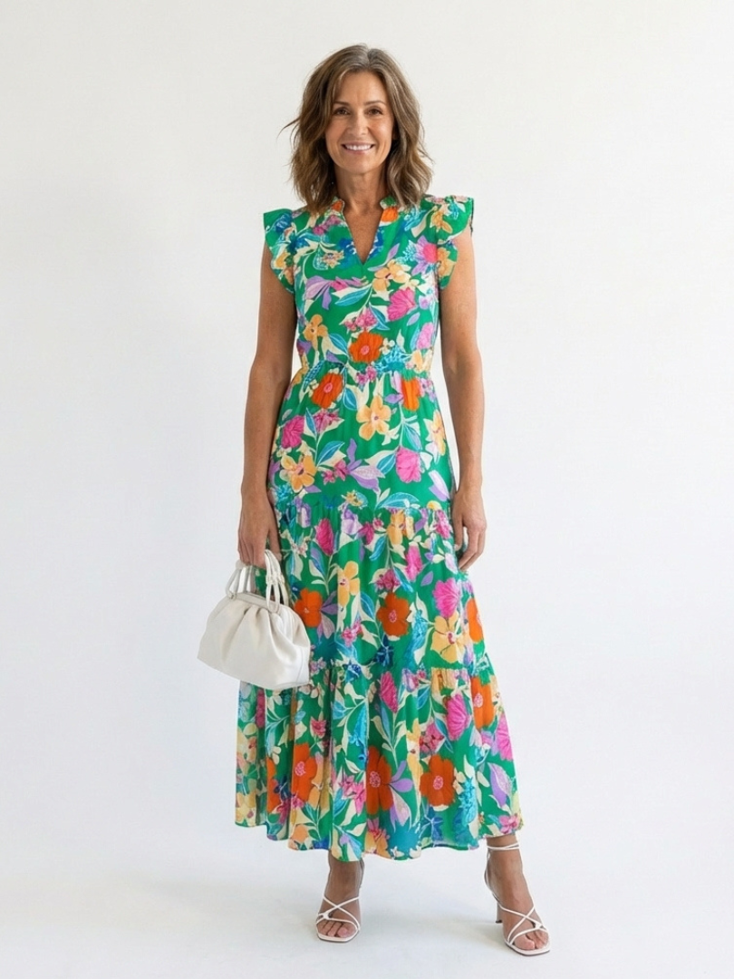 Liliana | Abito Midi Floreale con Scollo a V e Gonna a Strati