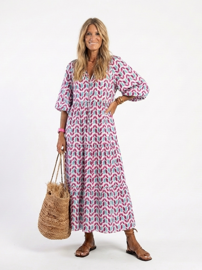 Mirella | Abito Midi Geometrico con Maniche Lunghe a Strati