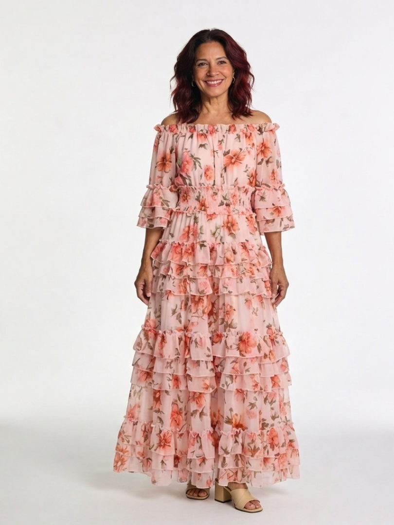 Rosalia | Abito Maxi Floreale con Spalle Scoperte e Volant a Strati