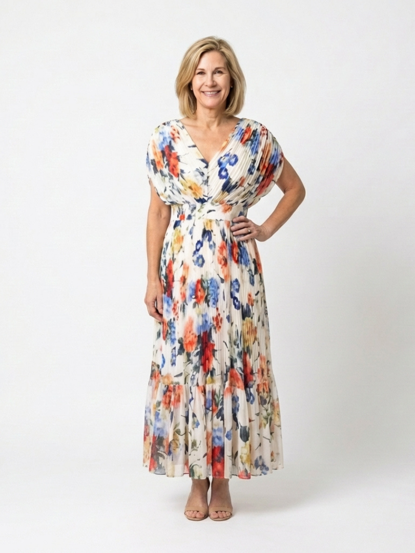 Saveria | Abito Midi Floreale Plissettato con Scollo a V