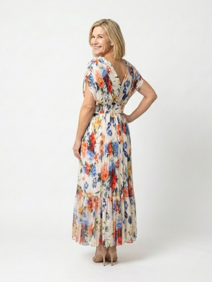 Saveria | Abito Midi Floreale Plissettato con Scollo a V