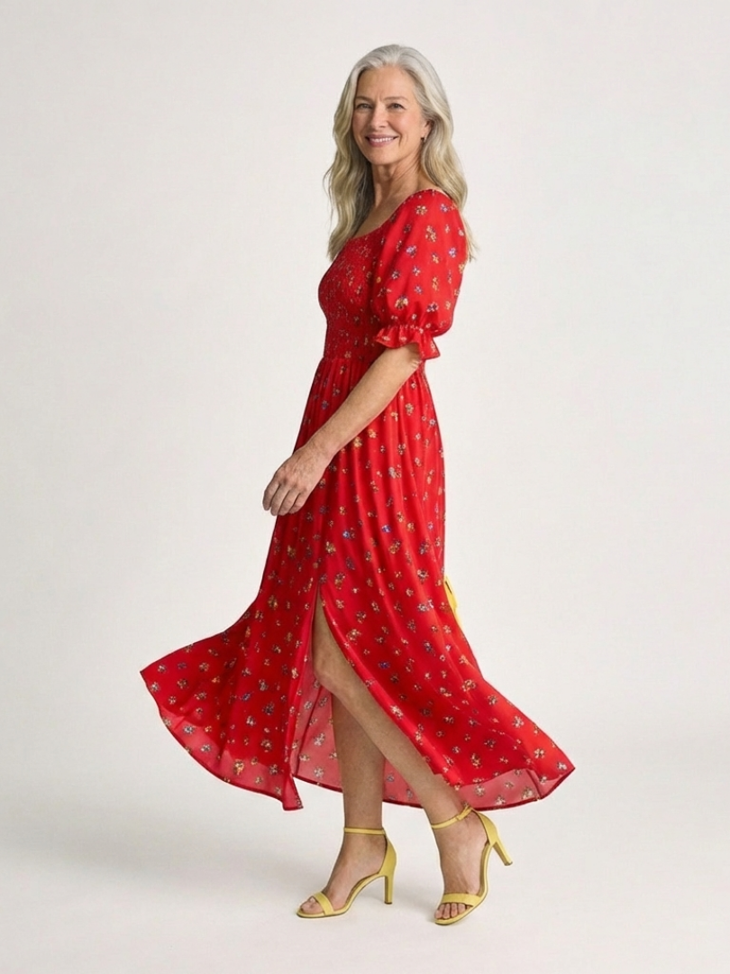Delfina | Abito Midi Floreale con Scollo Quadrato e Maniche a Palloncino