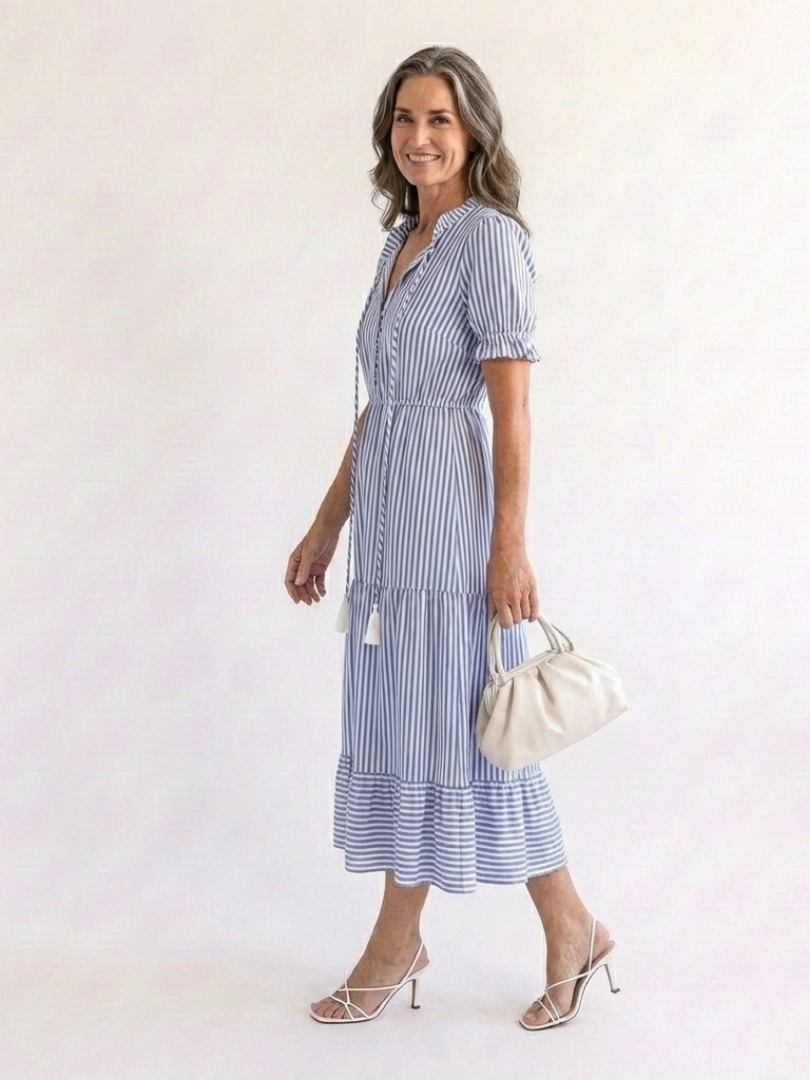 Dalila | Abito Midi a Righe con Gonna a Strati e Maniche Corte