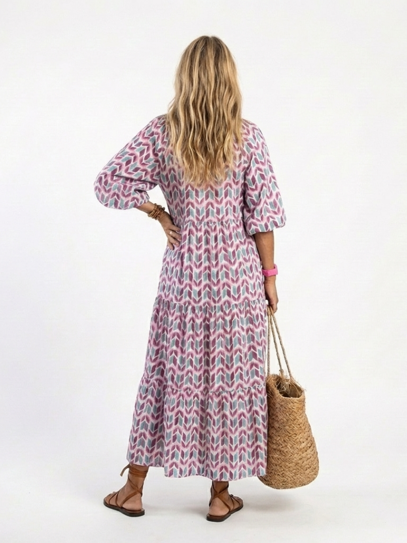 Mirella | Abito Midi Geometrico con Maniche Lunghe a Strati