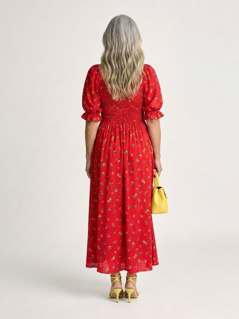 Delfina | Abito Midi Floreale con Scollo Quadrato e Maniche a Palloncino