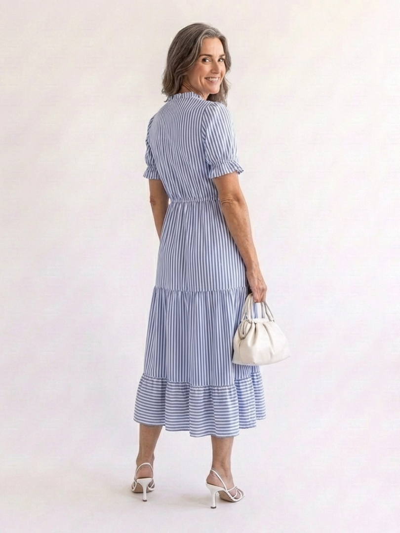 Dalila | Abito Midi a Righe con Gonna a Strati e Maniche Corte